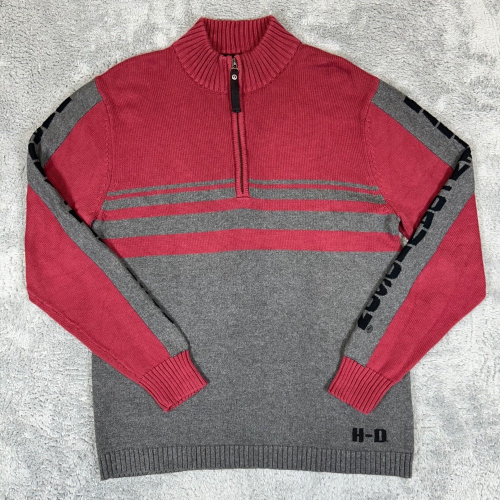Harley-Davidson Mens Red Grey Colorblock Quarter Zip Knit Sweater Large H-D
